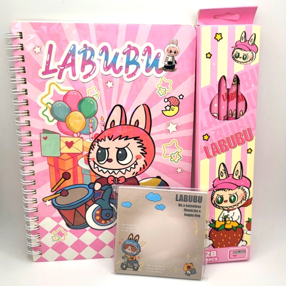 LABUBU Stationery Bundle NEW Notebook & Pencils Pink